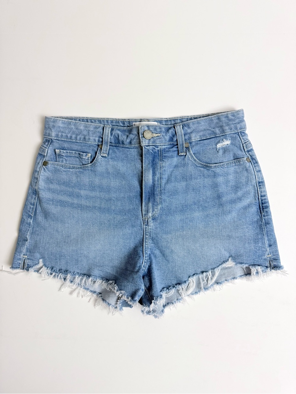 Paige Margot Denim Jean Shorts in Elle Destructed Wash Blue Cut Off Hem 29
